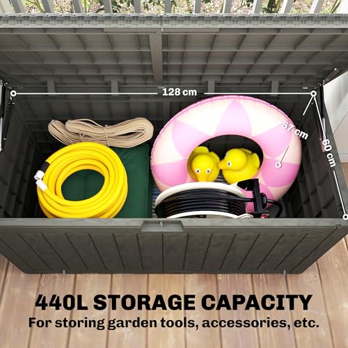 Outsunny 440L Garden Storage Box, Waterproof Resin Deck Box With Lockable Lid, Pneumatic Gas Rods, Side Handles, Uv Resistant Wood Texture Outdoor Patio Storage Container For Garden Tools - 4