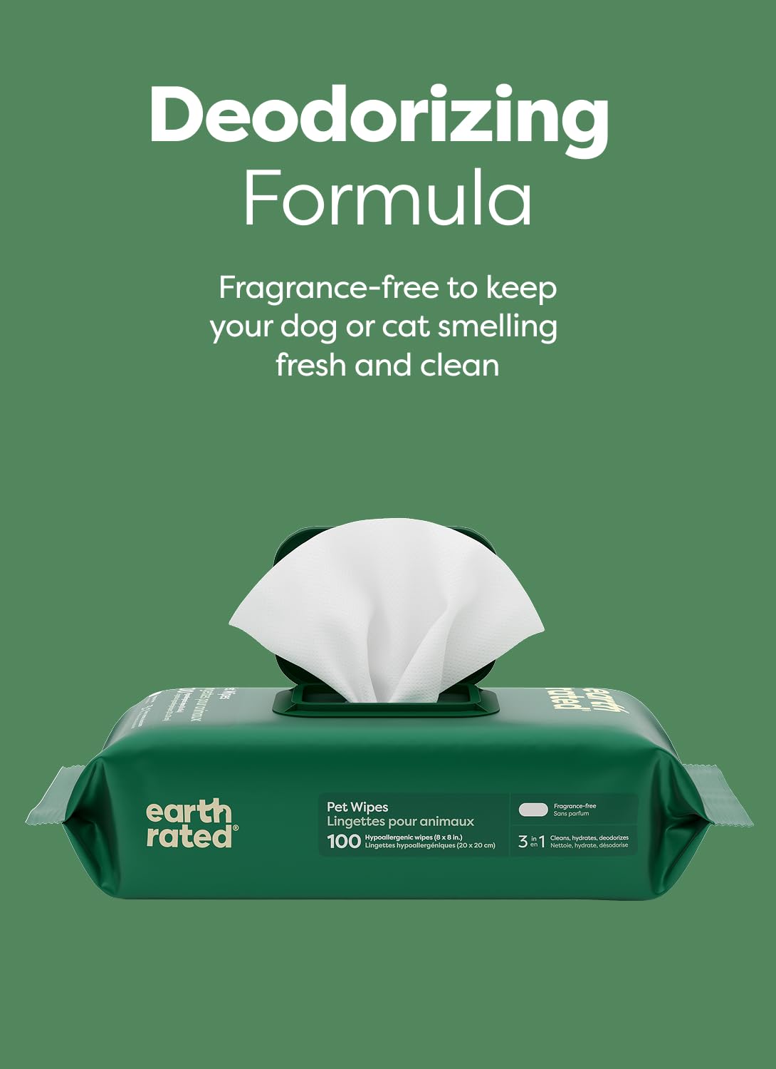 Earth Rated Pet Wipes for Dogs, Hypoallergenic, Cleaning and Hydrating, for Grooming Paws, Body and Bums, Unscented, 100 Count