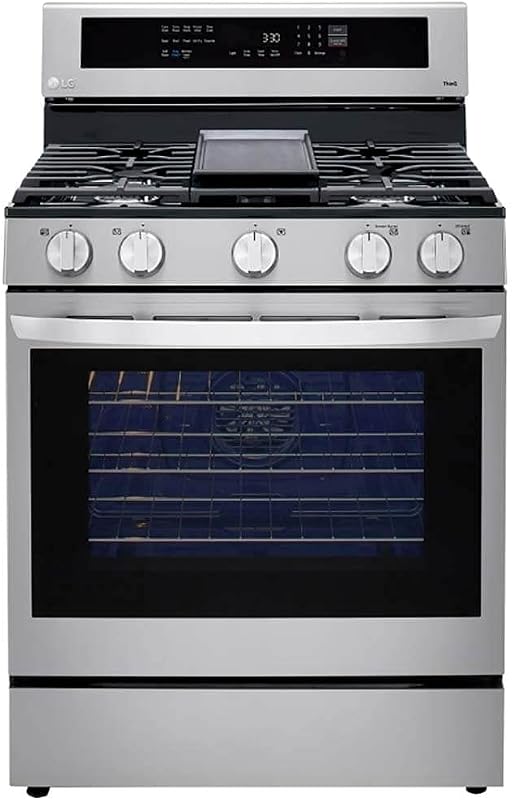 LG 5.8 pies cúbicos. Horno de cocina a gas InstaView de convección verdadera habilitado para Wi-Fi inteligente con freidora de aire en acero inoxidable a prueba de impresión