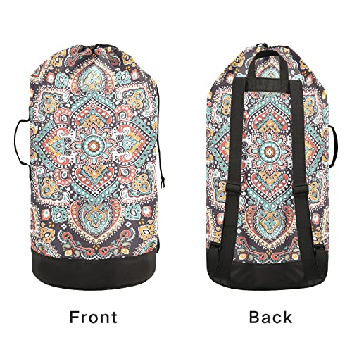 Mnsruu Washable Laundry Bag Backpack Large Dirty Clothes Bag With Adjustable Shoulder Strap Handles, Indian Floral Paisley Extra Laundry Heavy Duty Drawstring Bag For Travel College Grey Camping #TOP4