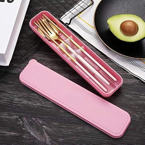 HonHeam 4 Pcs Portable Stainless Steel Tableware Set, Dishwasher Safe Reusable Flatware Cutlery Set, Include Fork Spoon Chopsticks with box (Golden pink)