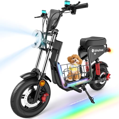 isinwheel Electric Scooter with Seat, 43 Miles Range & 35 MPH High Speed, 15" Fat Tire Scooter for Adult with Mood Lights, NFC Start, 1500W Motor E Scooter with Storage Basket