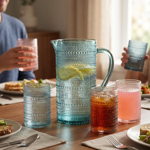 Image of Khen Hobnail Beaded Pitcher & Tumbler Glasses Set | Set of 6 Glasses & Carafe| Vintage 11 OZ Lowball & 2.4 Litter Glass Muted Bubble Design, Old-Fashioned, Embossed Design - Water, Wine, Cocktail