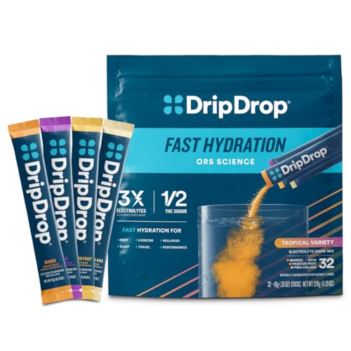 DripDrop Hydration Packets - Tropical Variety Pack - Single Serve Electrolytes Powder Drink Mix -...
