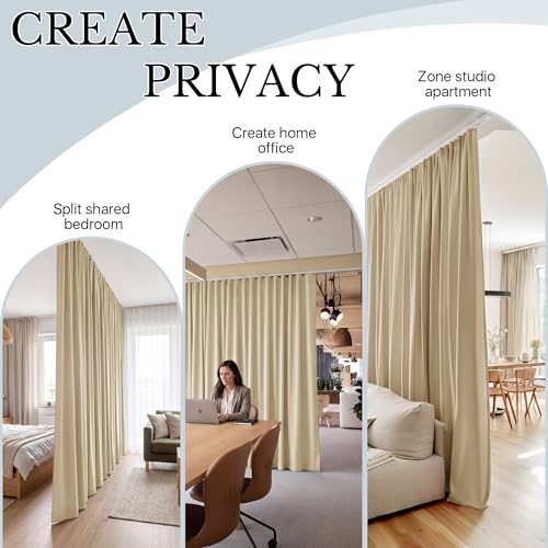 Image of RYB HOME Room Divider Curtains with Straight Ceiling Track, Heavy Duty Blackout Privacy Sliding Partition Panel for Bedroom /Living Room /Patio /Studio, W100xL95, Beige, 1 Panel