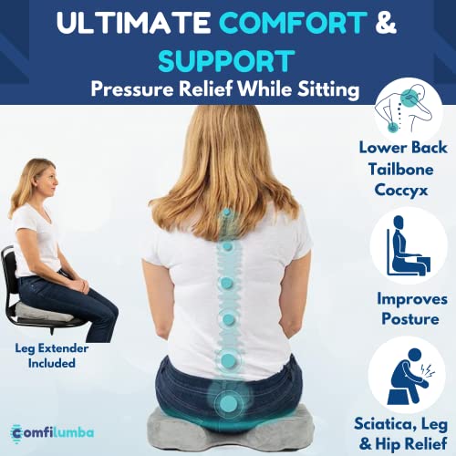 Comfilumba Car Seat Cushion For Car Seat Driver (W/Leg Extender) - Gel Infused Memory Foam - Coccyx Cushion Wedge For Driving, Office Chair - Pressure Relief From Back Pain, Sciatica,Tailbone Pain #TOP4