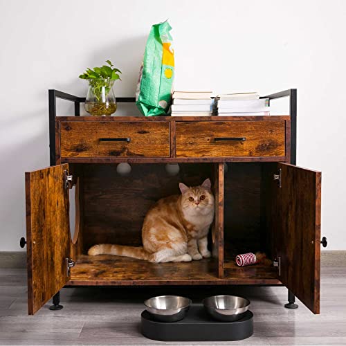 Tc-Homeny Cat Litter Box Enclosure Cabinet Storage Wooden Hidden Cat Washroom Furniture With 2 Doors, Drawers #TOP1