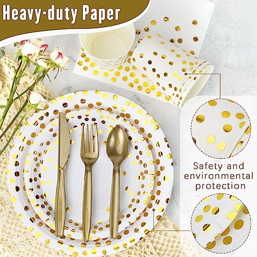 Party Supplies Set White and Rose Gold Dot, Gold Dot Paper Plates, Cups, Napkins, and Heavy Duty Silverware for Birthdays, Graduation, Wedding, Festivals - Image 6