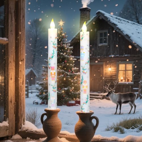 Image of Crystal Club Christmas Nutcracker Flameless Taper Candles with Remote & Timer, Battery Operated Taper Candles, Candy Colored Decal Real Wax Flickering LED Candlesticks for Holiday Christmas Home Decor