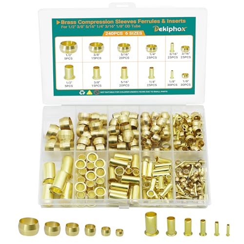 240PCS Brass Compression Sleeves Ferrules Inserts, 6 Sizes 1/2