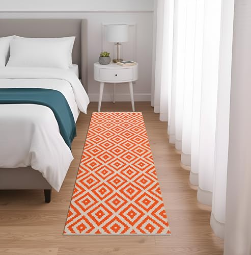 Image of SAGON 2x5 Ft Printed Runner Carpet - Cotton Bedside Rug for Bedroom & Living Room (Orange Diamond)