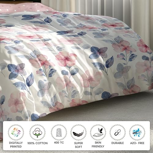 Image of LANE LINEN 400TC Morrison Bloom Super King Size Bedsheet with 4 Pillow Cases | 100% Cotton Digital Print Bedding Set (2.74 M x 2.74 M) | Modern Floral Pattern for Luxurious Comfort (Pink & Blue)