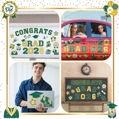 Image of Landhoow 30 Pcs Graduation Car Magnets 2026 Senior Graduation Car Decoration Bumper Sticker Congrats Grad Magnet Magnetic Refrigerator Decal for Grad Parade Party Supplies(Green, Gold)