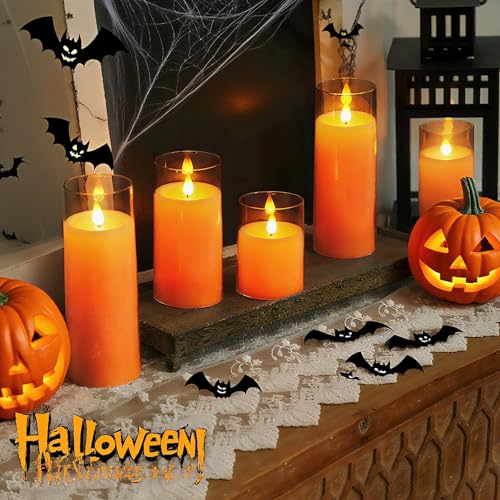 Image of Homemory Halloween Orange Flameless Candles, Battery Operated LED Candles with Remote and Timer, Candles for Halloween Decoration, Fall, Harvest Festival, Set of 5