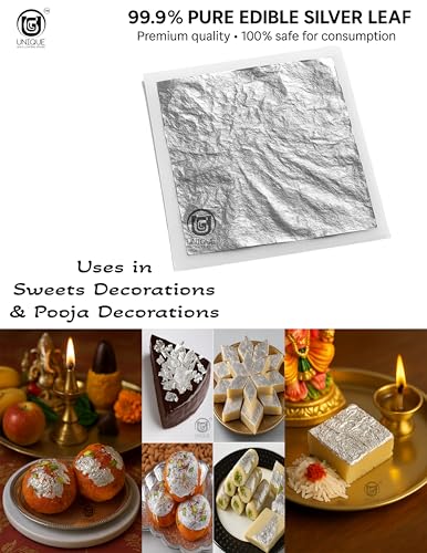 Image of UGLS Edible Silver Leaves 99.9% Pure (Chandi Ka Vark) Silver Leaf ( 50 Pcs ) for Edible Cake Toppers, Sweets Decoration (Mithai), Cake Decoration, Pooja & Jain Temple Use & Many More Uses | (3x5.in /80x130.mm)
