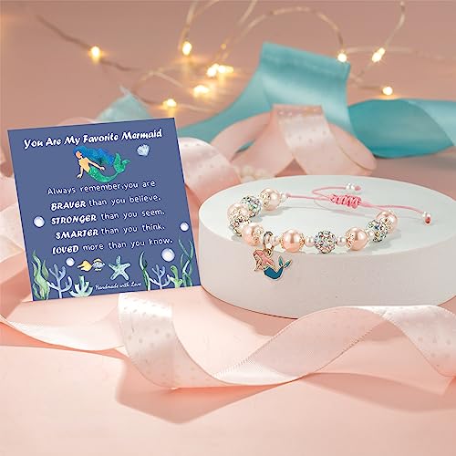 Cute Mermaid Bracelet Pink Pearl and Rhinestone Bracelet Mermaid Gifts for Daughter Niece Mermaid Lover Stuff Birthday Gifts3