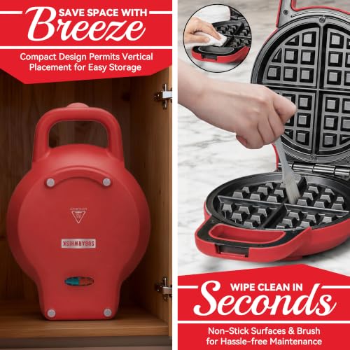 Image of SugarWhisk 6-Inch Flip Belgian Waffle Maker, Ceramic Nonstick,Red | 180 Flip Waffle Iron, 750W Heat, PFAS-Free Ceramic Plates, Cool-Touch Handle, Safety Lock, Batter Groove & Upright Storage