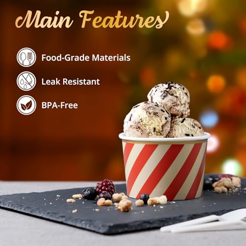 Image of Confettiville Paper Ice Cream Cups, 50-Count 9-Oz Disposable Dessert Bowls for Hot or Cold Food, 9-Ounce Christmas Party Supplies Treat Cups, Red and Green Diagonal Stripes, Gold Foil