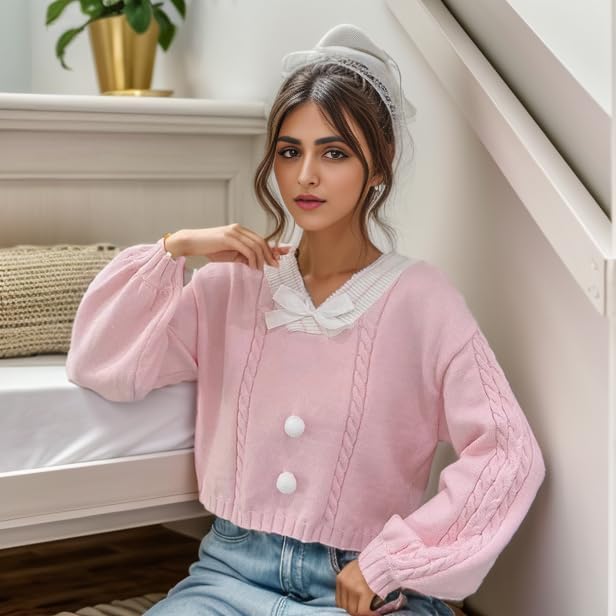 FindThy Women's Y2K Pullover Sweater Sweet Lantern Sleeve Bowtie Knit Crop Jumper Tops3