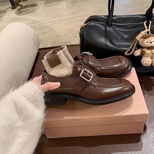 Women's Retro Chunky Heel Brogue with Buckle Elegant Oxford Shoes for Work & School - Comfortable Wide Fit Leather Booties for Women4