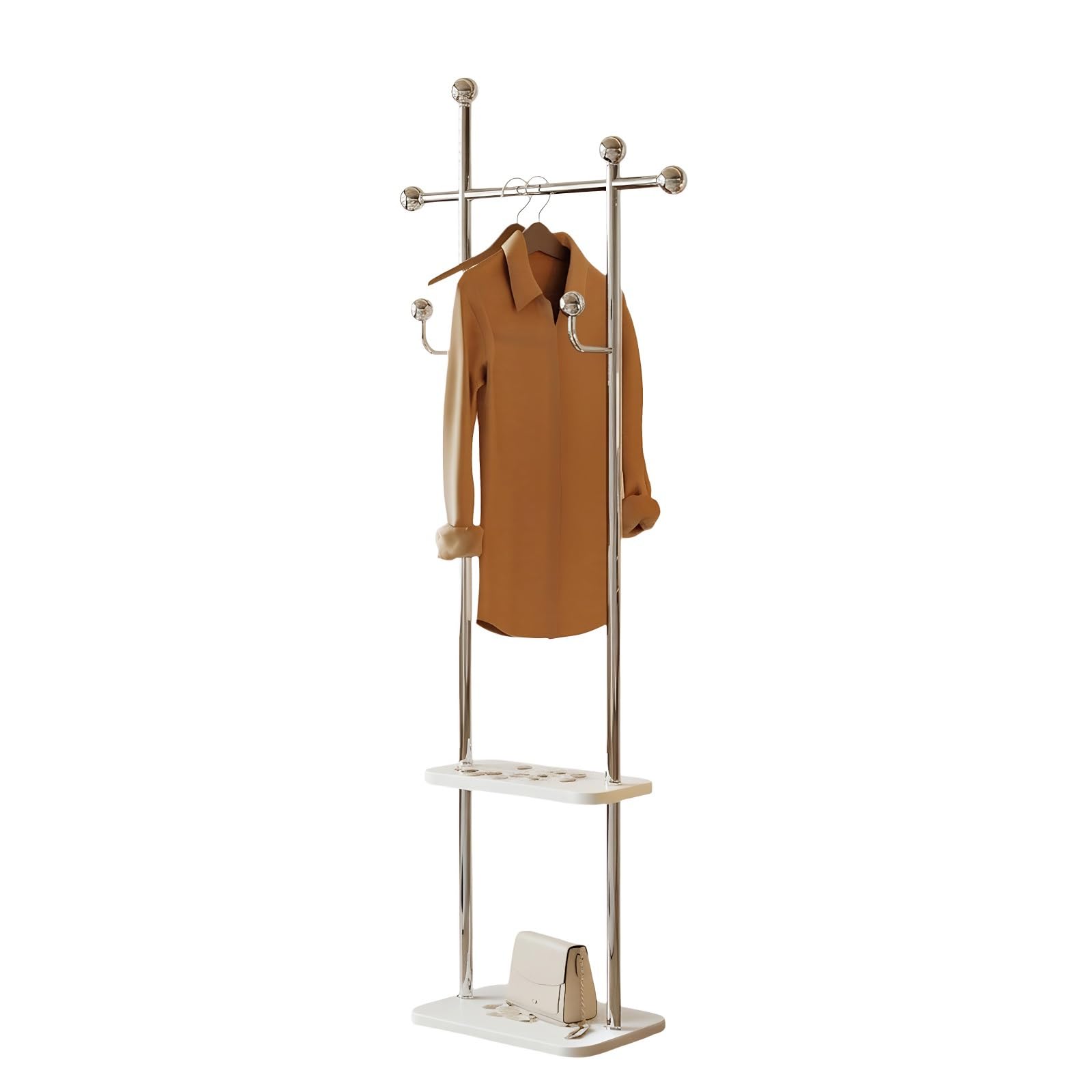 FGXHHS Freestanding Hall Tree with Shoe Sto, Metal Coat Rack for Entryway, Hoo Coats, Hats, Handbags & Scarves - Silver White, 15.7"