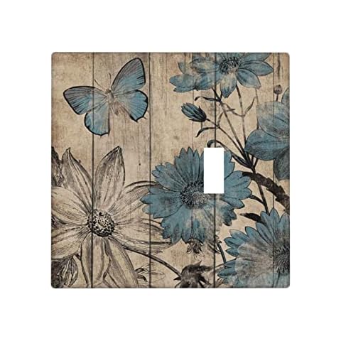 Gigszay Rustic Blue FLower Butterfly Wood Wall Plate Cover Blank/Toggle Light Switch Plate Cover for Bedroom Kitchen Living Room Home Decor Cover