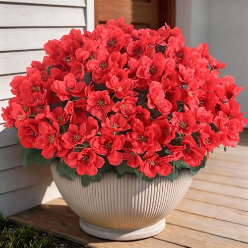 Image of YXZZWL 16 Bundles Artificial Flowers for Front Door, Fake Silk Azalea Bouquet Silk Flowers for Outside UV Resistant Realistic Faux Plants for Planter Farmhouse Patio Garden Walkways Home Decor (Red)