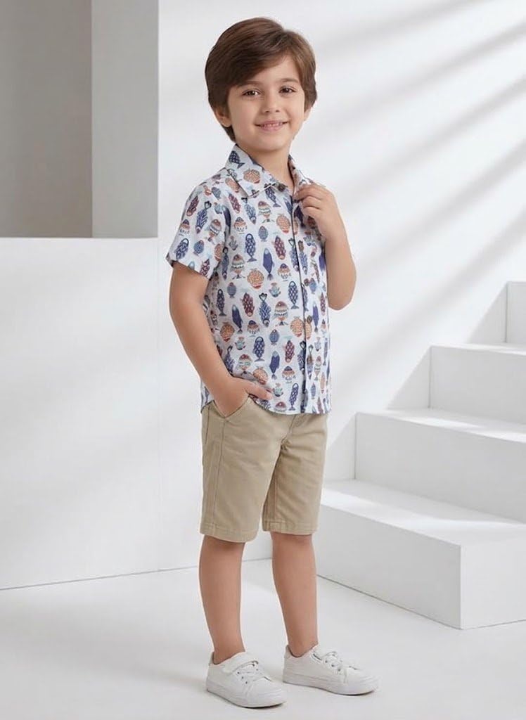 Niren Enterprise Cotton Fabric Casual Half Sleeve Fish Printed Pattern Kids Boys Shirt White Multi Colour 4