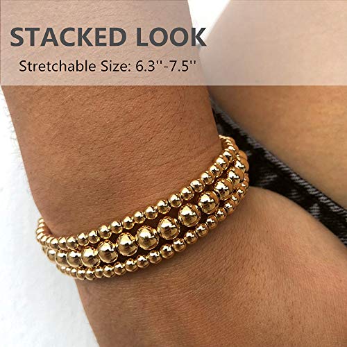 fzbali 3 Pcs Gold Beaded Bracelets Valentine's Day Gifts, Men Women Elastic Copper Beads Balls Stretch Bracelet Anklet, Fashion Stacking Bracelets Cuff Set Jewelry (6mm+4mm) - Image 4