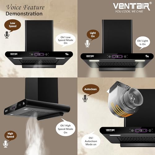 Image of Ventair 60 cm Voice Enabled 1400 m3 /hr Smart Autoclean Kitchen Chimney (Ruby 5G 60, Voice Enabled, Motion Sensor, Made in India, 11 Filterless with Metallic Oil Collector, T Shape, Black)