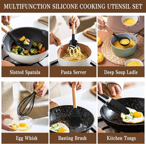 Image of Artek 33 Pieces Kitchen Cooking Utensils Set, 33 pcs Non-Stick Silicone Cooking Kitchen Utensils Spatula Set with Holder, Wooden Handle Silicone Kitchen Gadgets Utensil Set (Red)