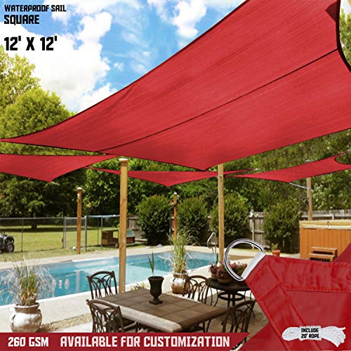 Tang Sun Shades Depot 12' X 12' Square Waterproof Knitted Shade Sail Curved Edge Red 260 Gsm U*V Block Shade Fabric Pergola Carport Canopy Replacement Awning Customize Available #TOP1