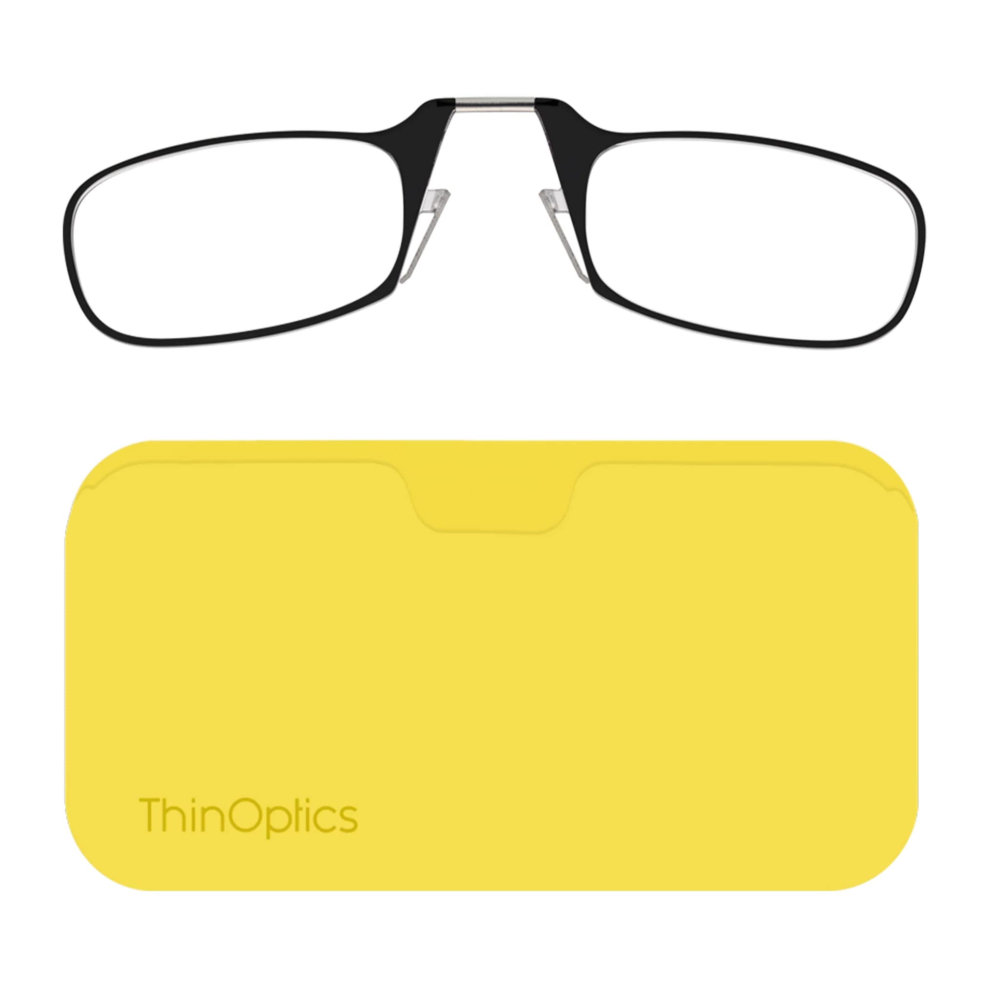 ThinOptics Reading Glasses 2.00 Black Frames with Yellow Universal Pod Compact Case, Ultra-light Foldable Rectangular Glasses