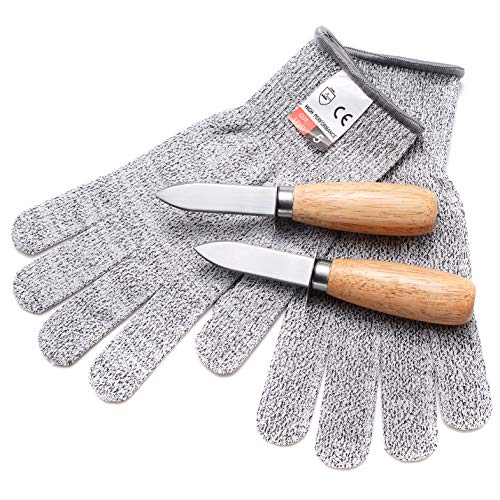 Oyster Knife Shucker Set, Wood Handle Oyster Shucking Knife and Cut-resistant Gloves, Clam