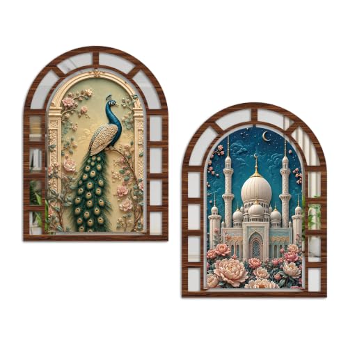 Image of Artvibe Traditional Peacock & Floral Mosque Theme Wall Hanging Decor | Jharokha Mirror Wall Hanging for Living Room, Hall, Bedroom, Dining Room & Office | Gift For Mom & Sister (WHJ 12005N), Set of 2