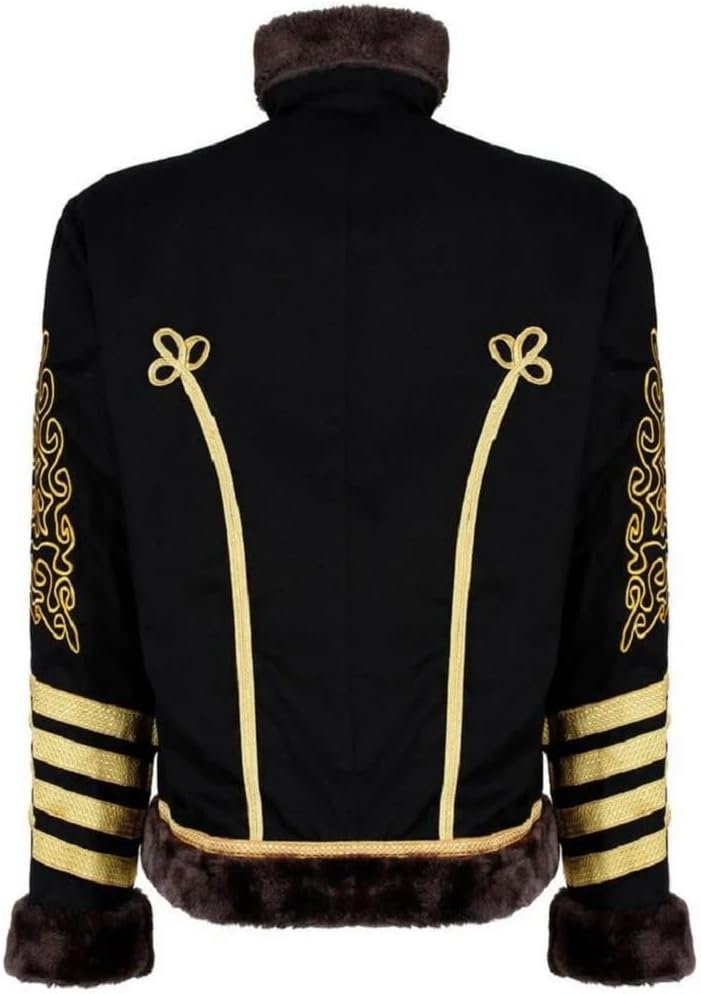 Darkrock Military Style Hussar Jacket, Black with Gold Braiding, Faux Fur Trim, Decorative Embroidery