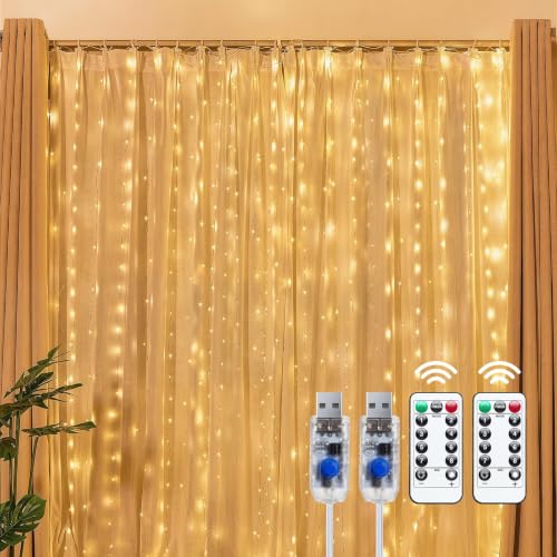Image of Brightown 2 Pack 300 LED Fairy Curtain Lights, 9.8ft x 9.8ft String Lights | Warm White USB Plug in 8 Lighting Modes Christmas String Hanging Lights with Remote for Bedroom Indoor Outdoor Party