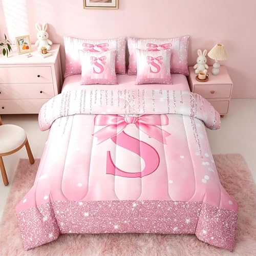 Image of Feelyou Boys Girls Pink Bowknot 7 Pieces Bedding Set Twin Size, Personalized Initial S Bed in A Bag Kids Princess Glitter Comforter Set with Sheets Bow Monogrammed Teens Bed Set Bedroom Decor 7Pcs