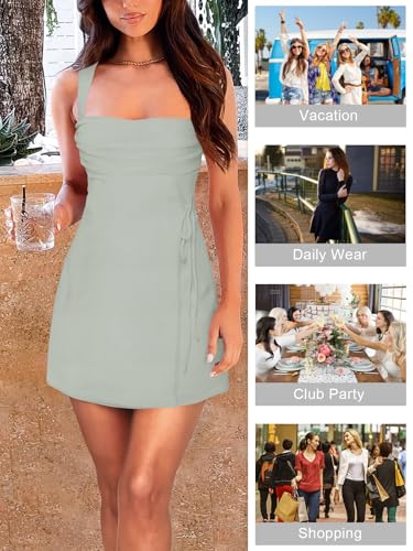 Image of Women's Sexy Ruched Mesh Midi Short Dresses for Women Square Neck Fitted Elegant Club Party Cocktail Dress