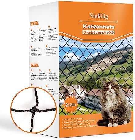 NieKilig Katzennetz für Balkone Drahtverstärktes, Katzengitter Fenster ohne Bohren, Katzenschutznetz für Terrassen, Fenster, Oberlichter, Türen, Zäune (2x3m)