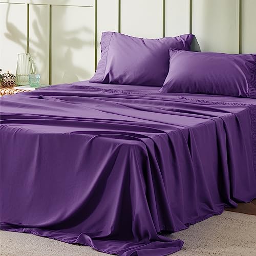 Image of Bedsure King Size Sheets Set - 4 Pieces Soft King Sheets - Breathable & Cooling - Hotel Luxury - Easy Care Polyester Microfiber Bedding for Women, Men, Purple