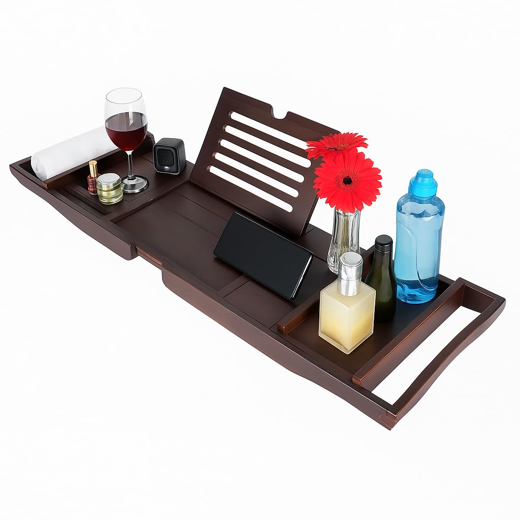 ZOLTA Badewannenablage - Badewannenbrett mit Tablet- oder Buchhalterung - Badewannentablett mit Halterung für Weingläser & Becher - Home Wellness - Badewannenablage aus Bambus Holz - 75-110 x 23 cm