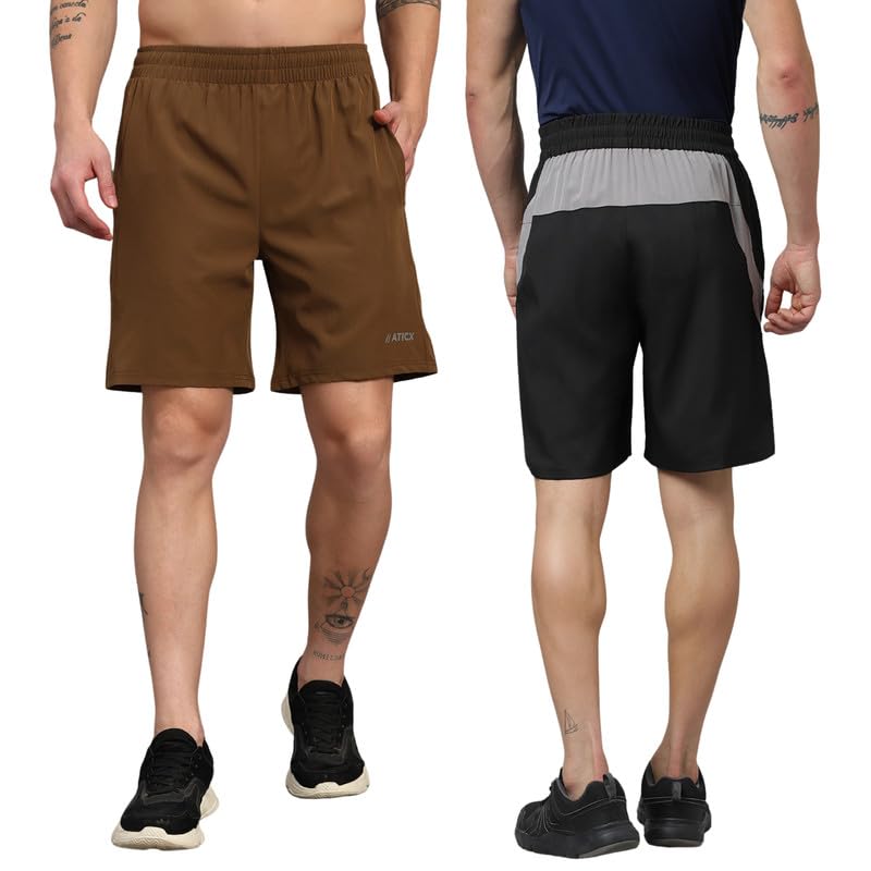 Image of ATICX Polyester Shorts for Men - Quick Dry Lightweight with Zipper Pockets - Gym, Running, Jogging, Training Half Pants for Basketball, Swimming, Badminton, Cycling, Football, Outdoor & Home Wear