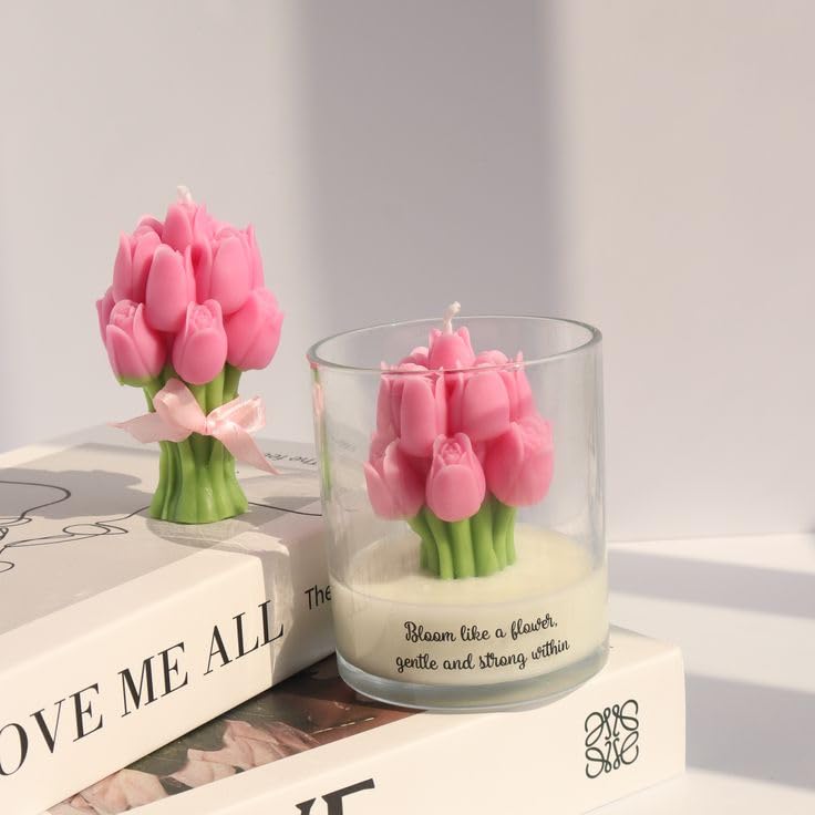 Image of The Wittyboon Decorative Tulip Bouquet Glass Jar Scented Candle, Long Lasting Fragrance Candle