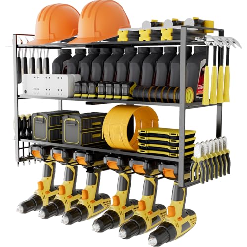Power Tool Organizer Wall Mount, 4 Layers Garage Tool Storage Rack with 6 Drill Holders, 450Lbs Capacity Cordless Tool Holder for Drill, Power Tool, and Garage Tool Storage (4 Layers-6 Slots)