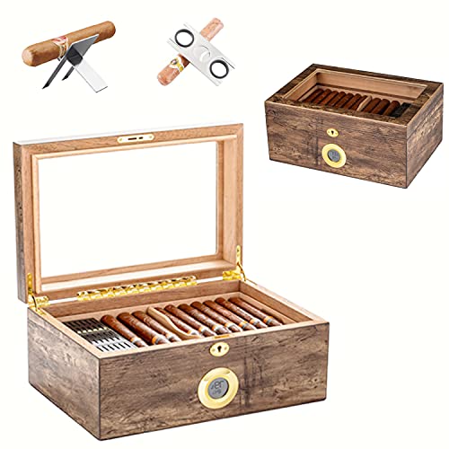 COMMODA Desktop Cigar Humidor Tempered Glasstop with Front Mounted Digital Hygrometer and Humidifier, Cedar Lined Storage Box Spanish Cedar Tray with Divider, Holds 100 Cigars Cigar Free Cutter and Rack