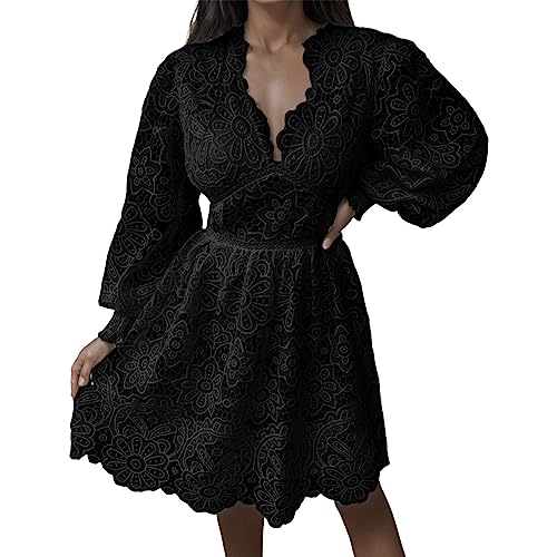 Abito sexy da donna in pizzo, a maniche corte, estivo, abito da spiaggia, a maniche corte, con cerniera, con volant, gonna casual, abito da ballo nero, elegante abito da pendolare con pizzo vuoto Abito sexy da donna in pizzo, a maniche corte, estivo, abito da spiaggia, a maniche corte, con cerniera, con volant, gonna casual, abito da ballo nero, elegante abito da pendolare con pizzo vuoto