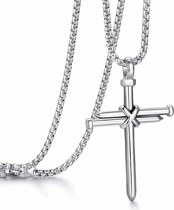 Christian Jewelry Christian Crucifix Jesus Cross Nail Blessing Pray With Long Chain Black Silver Stainless Steel Pendant Necklace Chain For Men And Women-image-1