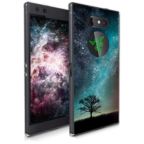 kwmobile Case Compatible with Razer Phone 2 - Crystal TPU Cover with UV Print and Transparent Edge - Cosmic Nature Blue/Grey/Black