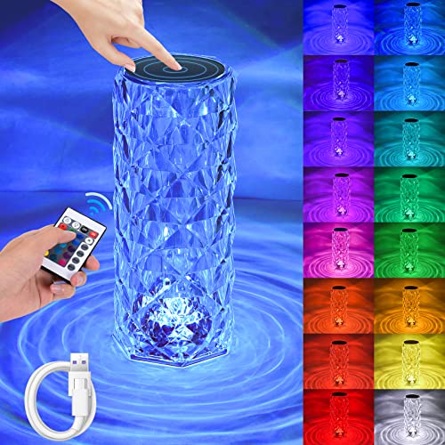 Herefun Lámpara de Mesa de Cristal, Lámpara de Mesa con Diamantes de Cristal, Rgb de 16 Colores, Romántica luz Nocturna Led de Acrílico para Dormitorio/Sala de Estar